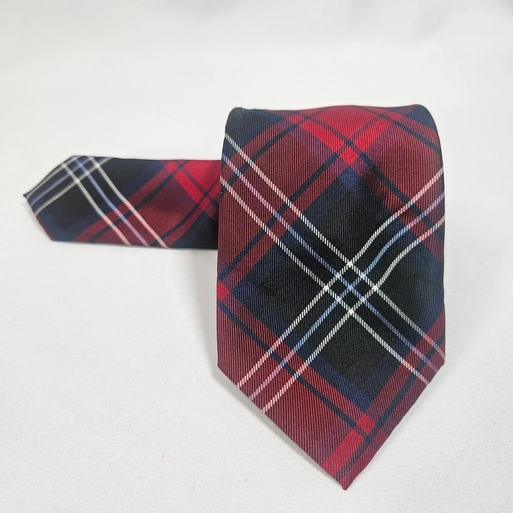 Mister Dean Red Black Blue Plaid 100% Silk Men's Necktie Hand Sewn‎